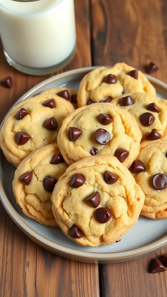 A plate of keto chocolate chip cookies with melted chocolate chips, served with a glass of almond milk.