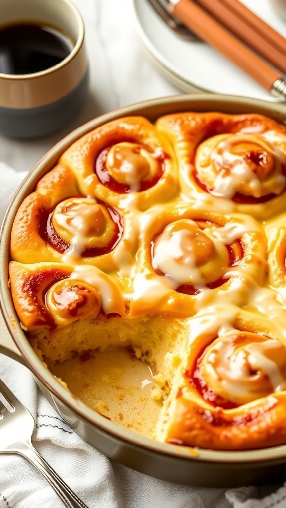 Keto cinnamon roll casserole with a sugar-free glaze, served in a rustic dish with a cozy kitchen background.