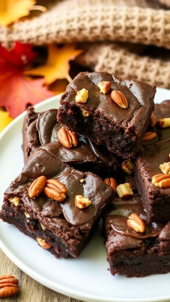 A plate of fudgy maple pecan brownies with chopped pecans, set against a warm autumn backdrop.