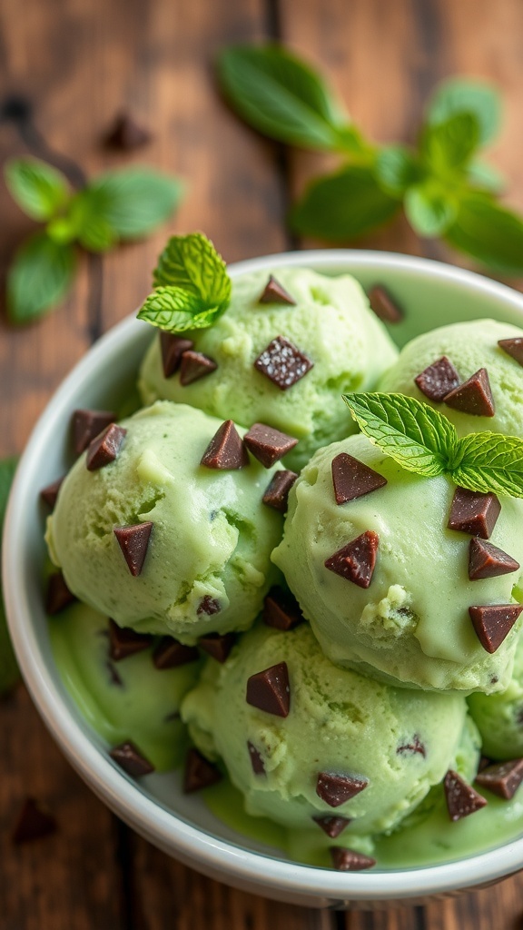 A bowl of mint chocolate chip ice cream with chocolate shavings and mint leaves on a wooden table.