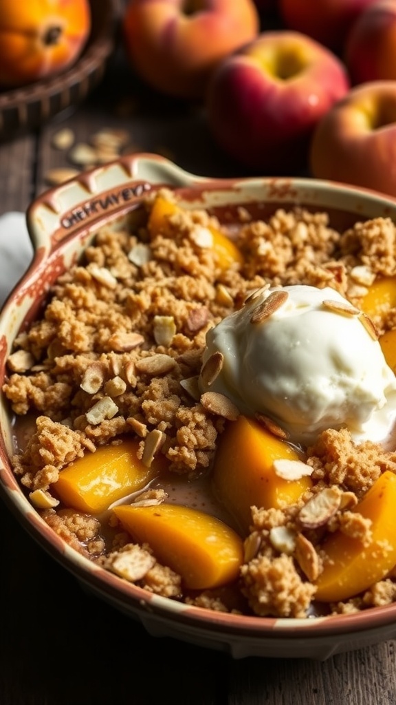 Peach and almond oat crumble with ice cream, served in a rustic dish.