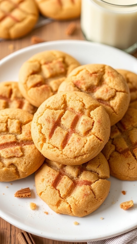 A plate of soft Peanut Butter Snickerdoodle Cookies with a glass of milk.