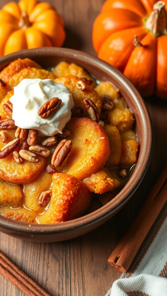 Warm pumpkin spice bread pudding with whipped cream and nuts, served in a rustic bowl.