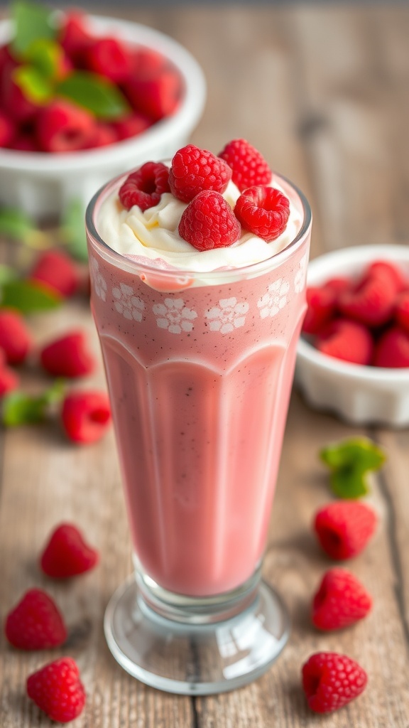 A tall glass of raspberry cheesecake smoothie topped with raspberries and whipped cream on a wooden table.
