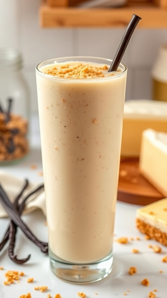 A tall glass of vanilla bean cheesecake smoothie topped with graham cracker crumbs, set in a bright kitchen.