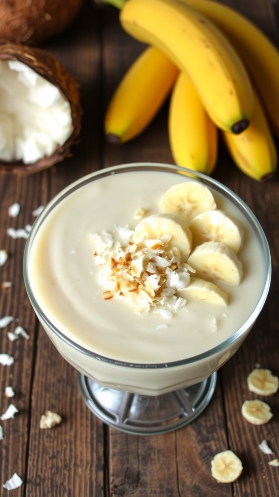Vegan coconut banana pudding in a glass bowl, garnished with banana slices and toasted coconut on a wooden table.