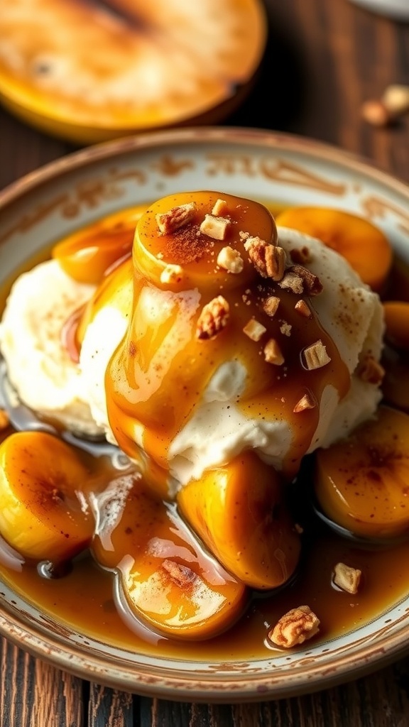 Healthy Banana Foster with caramelized bananas over vanilla ice cream, garnished with nuts and cinnamon.
