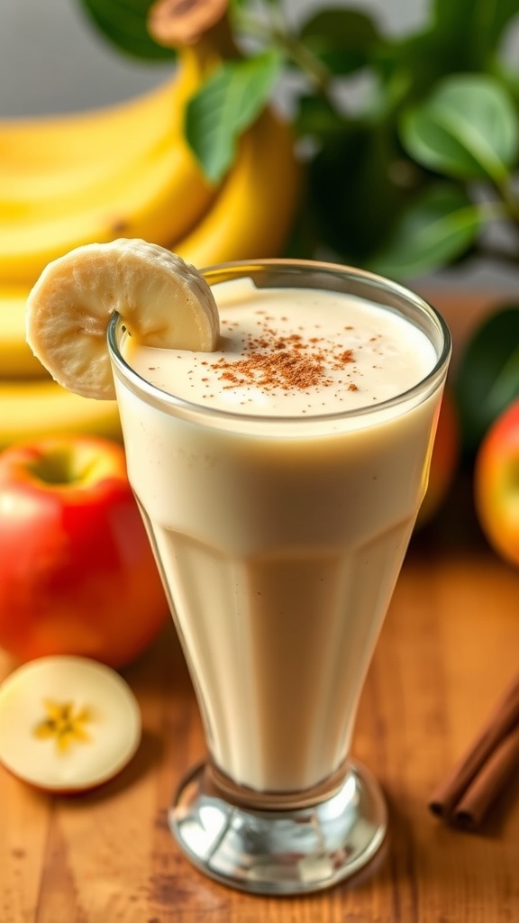 A refreshing apple banana smoothie in a glass, garnished with banana slice and cinnamon, surrounded by fresh fruits.