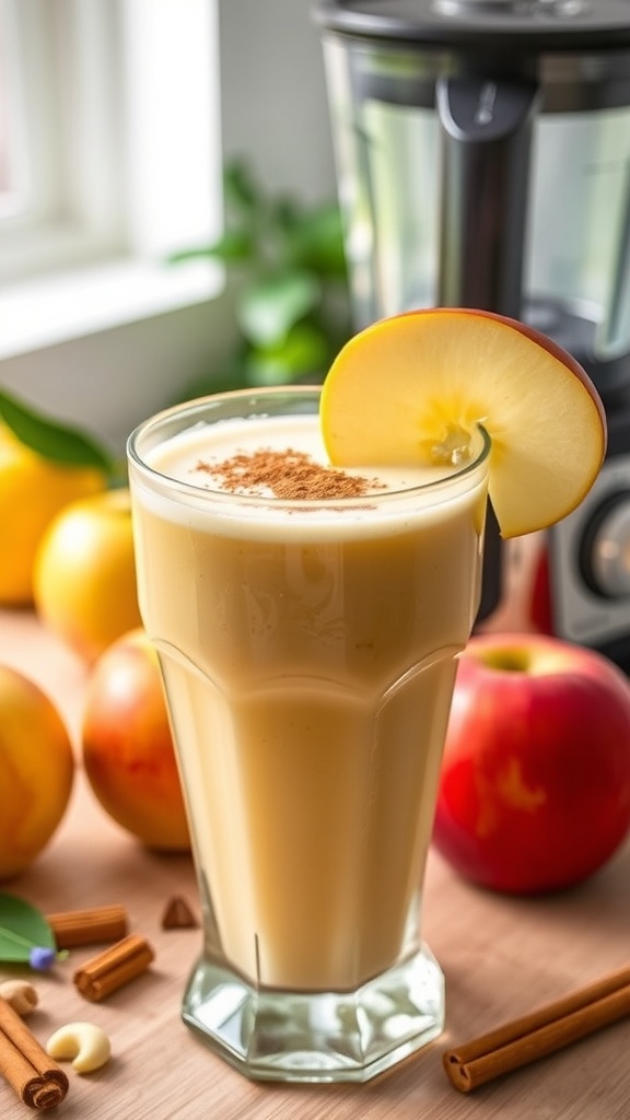 A refreshing apple smoothie in a glass garnished with apple slice and cinnamon, with fresh apples in the background.