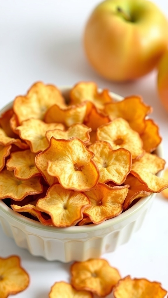 A bowl of golden-brown crispy baked apple chips with a fresh apple in the background.