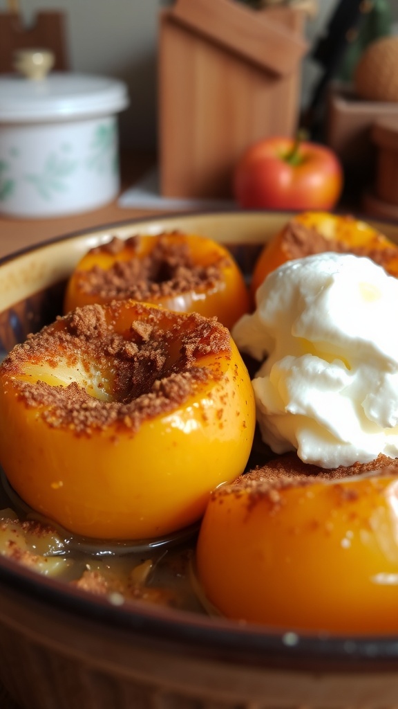 Baked apples with cinnamon sugar and vanilla ice cream in a rustic dish.