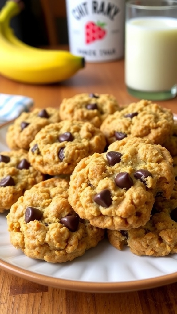 A plate of healthy banana oatmeal cookies with chocolate chips on a wooden table.