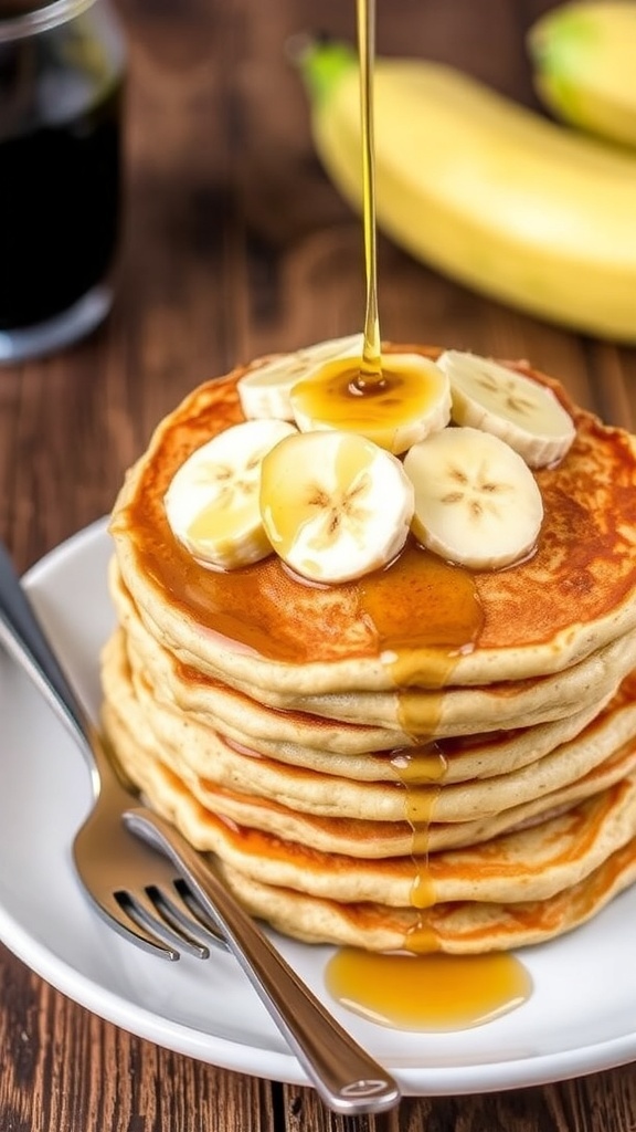A stack of banana oatmeal pancakes topped with bananas and syrup on a rustic table.
