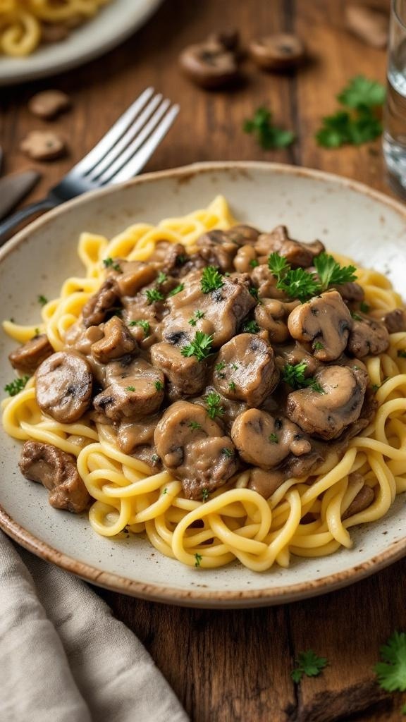 A delicious serving of beef stroganoff with egg noodles, garnished with parsley, on a rustic table.