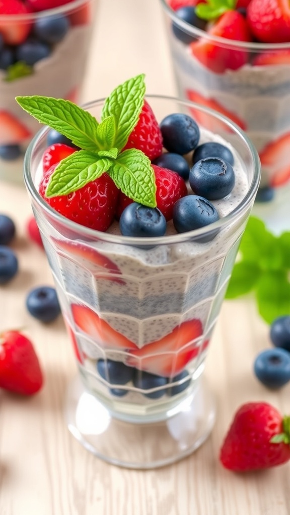 Berry chia seed pudding in a glass with strawberries, blueberries, and raspberries, garnished with mint.
