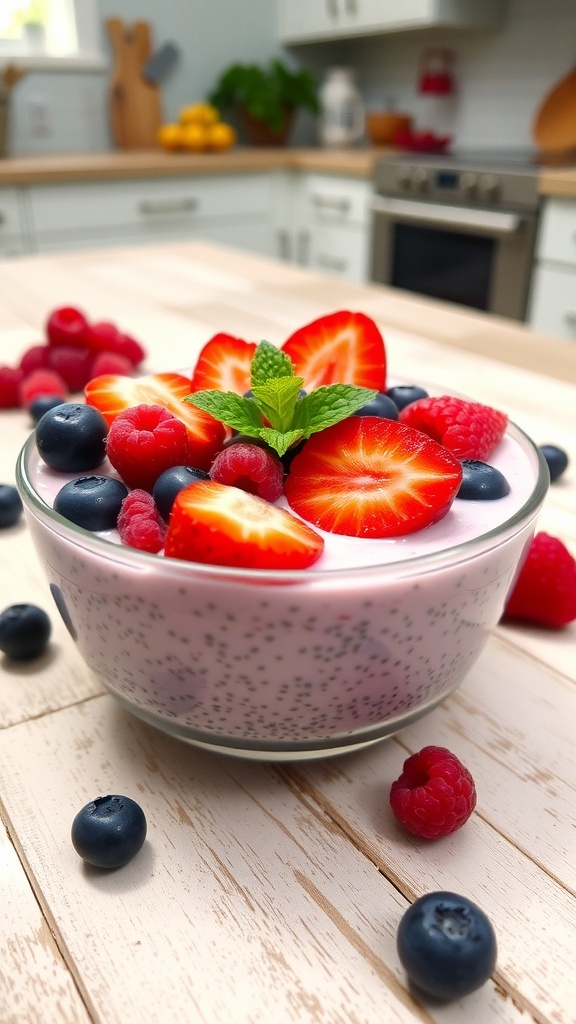 Berry Chia Seed Pudding Recipe Berry chia seed pudding topped with fresh strawberries, blueberries, and raspberries, garnished with mint.