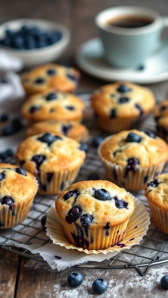 Freshly baked blueberry muffins on a cooling rack with scattered blueberries on a wooden table.