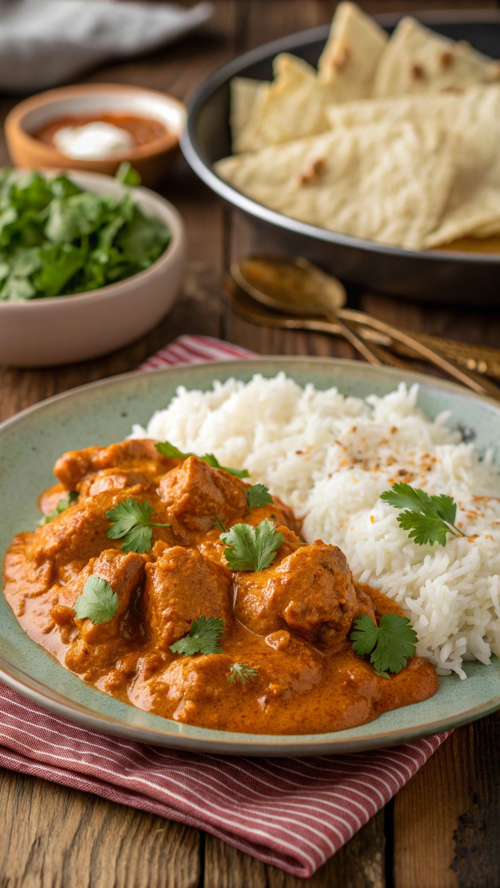 Affordable Butter Chicken Recipe A plate of butter chicken with rice, garnished with cilantro, on a rustic wooden table.