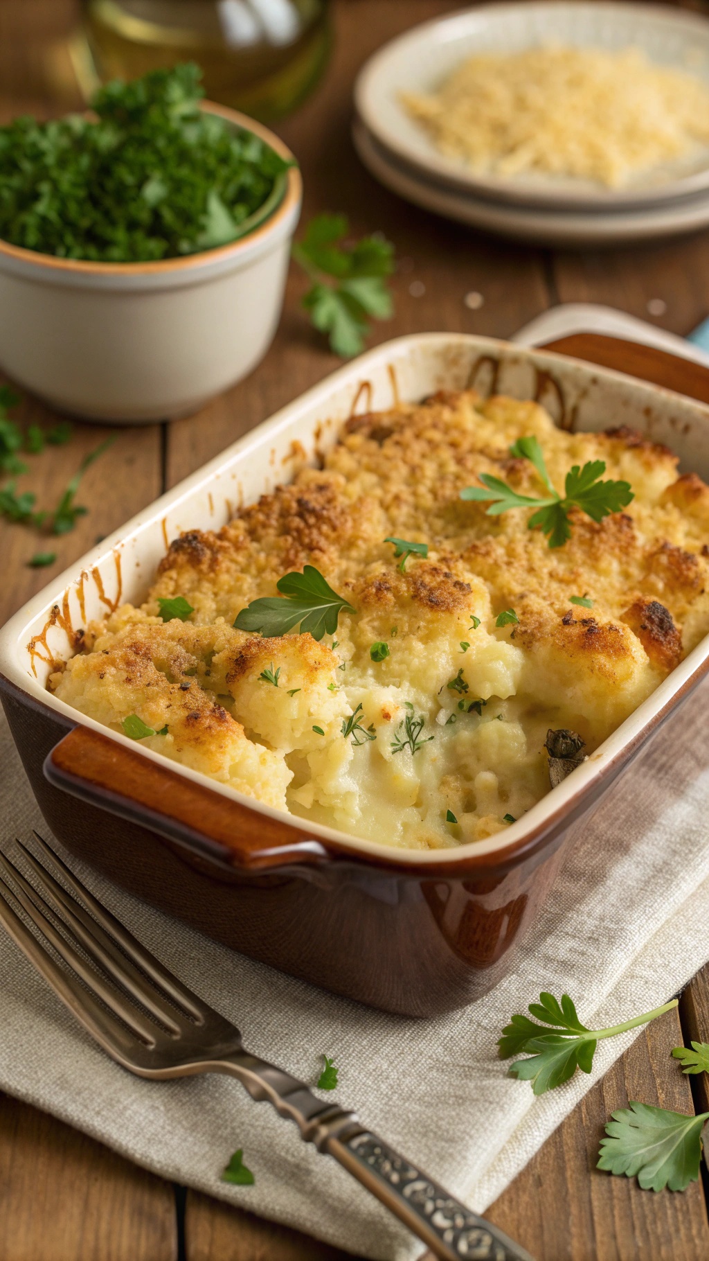 A cheesy cauliflower bake with a crispy topping, garnished with parsley, on a rustic wooden table.