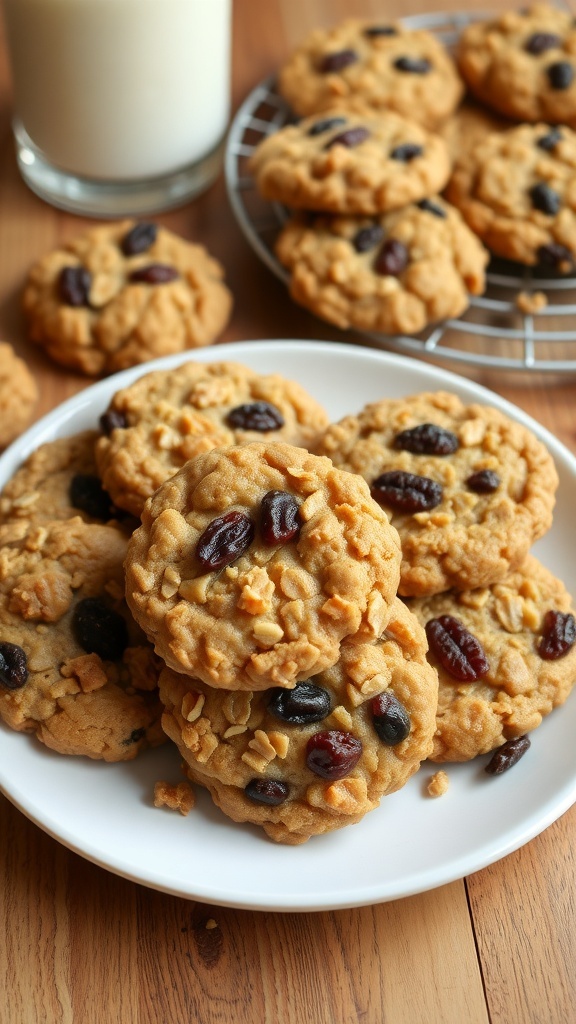 A plate of chewy oatmeal raisin cookies with raisins, set on a wooden table with a glass of milk.