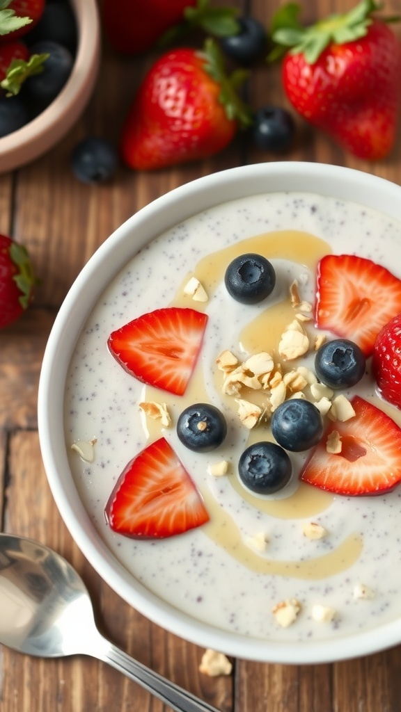Chia seed pudding topped with fresh berries and nuts in a rustic setting.