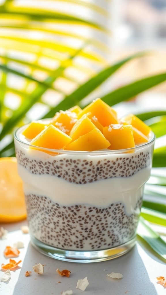 Chia seed pudding with mango and coconut flakes in a clear glass, surrounded by tropical leaves.