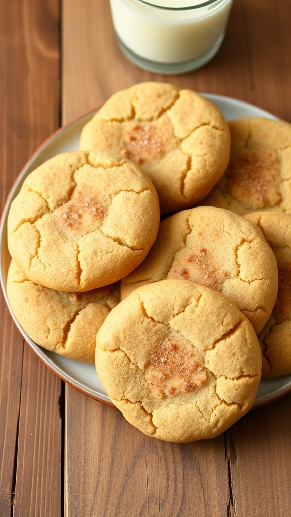 A plate of golden Chia Seed Snickerdoodle Cookies dusted with cinnamon sugar, accompanied by a glass of milk.