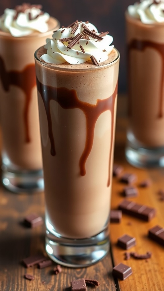A tall glass of chocolate cheesecake smoothie topped with whipped cream and chocolate shavings on a wooden table.