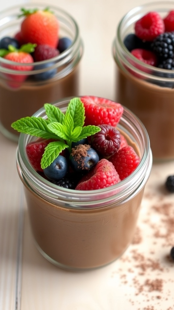 Chocolate chia pudding in a glass jar topped with fresh berries and mint leaves.