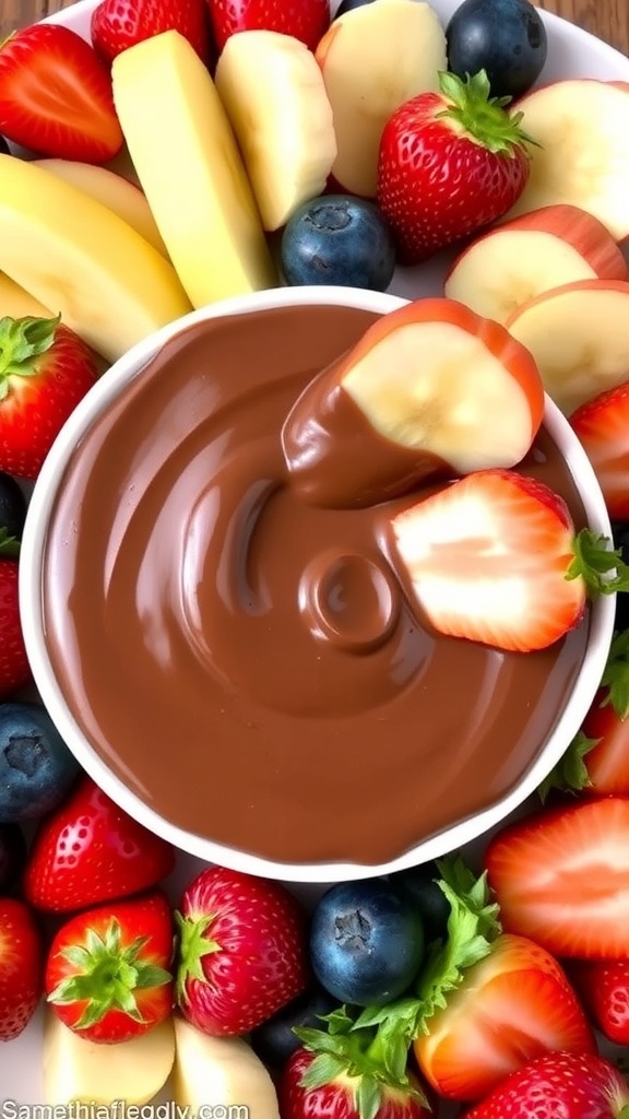 A bowl of chocolate dip surrounded by fresh fruits like strawberries, bananas, and apple slices, ready for dipping.