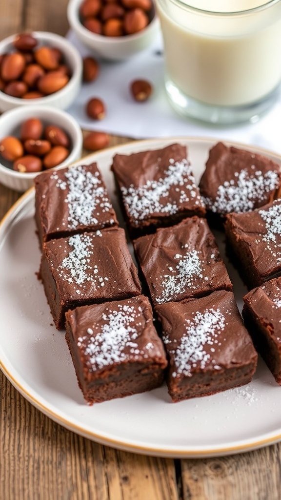Quick Chocolate Hazelnut Spread Brownies Recipe Delicious chocolate hazelnut brownies on a plate, garnished with powdered sugar and surrounded by hazelnuts.
