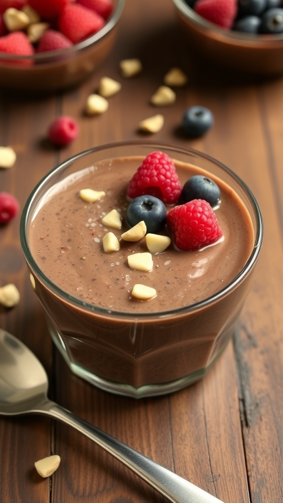 Chocolate hazelnut chia seed pudding in a glass bowl topped with hazelnuts and berries on a wooden table.