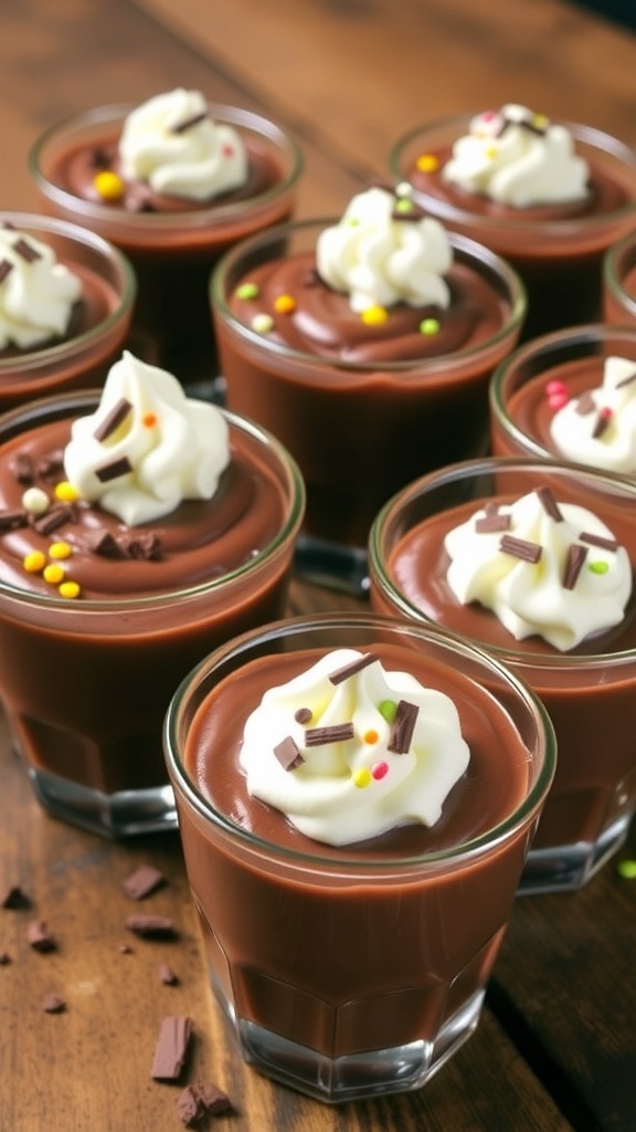 Chocolate pudding cups topped with whipped cream and chocolate shavings on a wooden table.