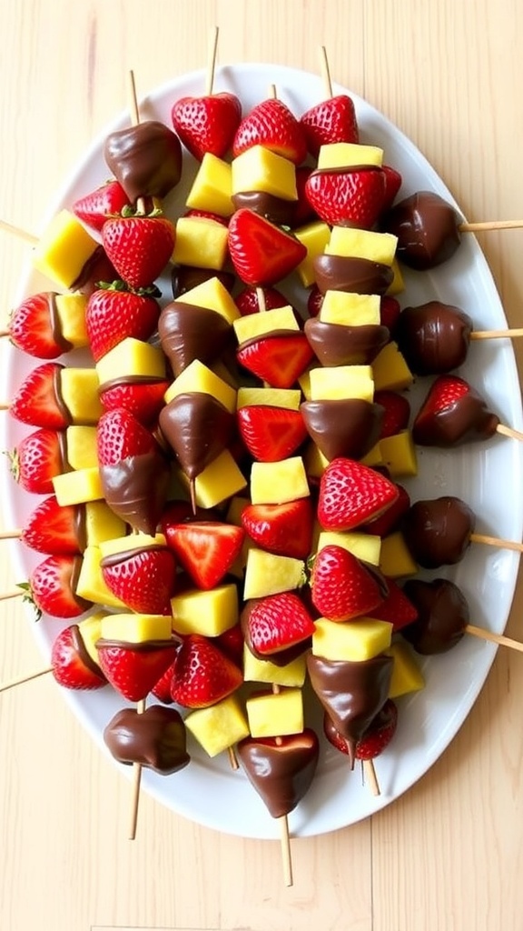Colorful chocolate-dipped fruit skewers with strawberries, bananas, and pineapples on a white platter.