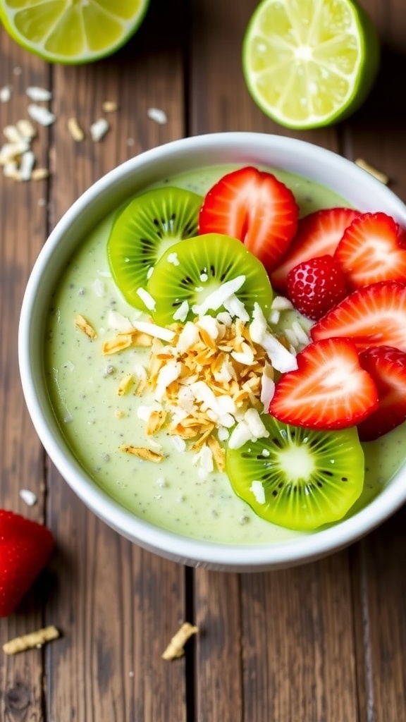 Coconut lime chia pudding topped with kiwi and strawberries, garnished with toasted coconut flakes on a wooden table.