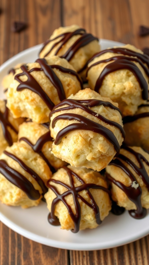 Coconut Macaroons with Dark Chocolate Drizzle Recipe Coconut macaroons with dark chocolate drizzle on a plate, set on a wooden table.