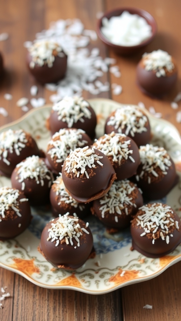 Rich dark chocolate coconut truffles coated in cocoa powder and shredded coconut on a rustic plate.