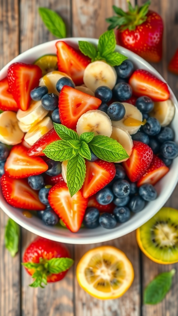A colorful fruit salad with strawberries, blueberries, banana, kiwi, and pineapple in a bowl, garnished with mint leaves.