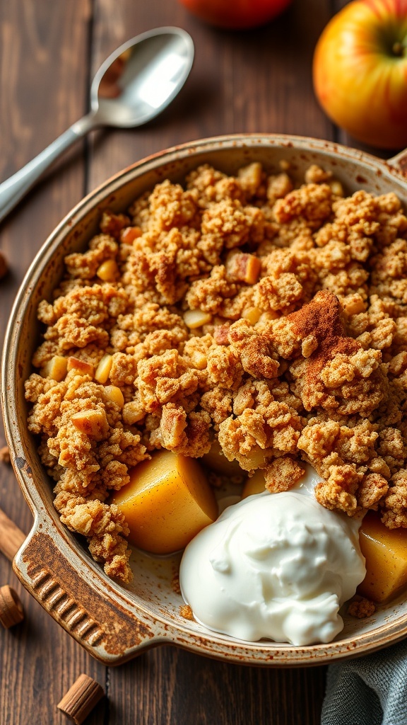 A healthy apple crisp with golden topping and baked apples, served with yogurt on a wooden table.