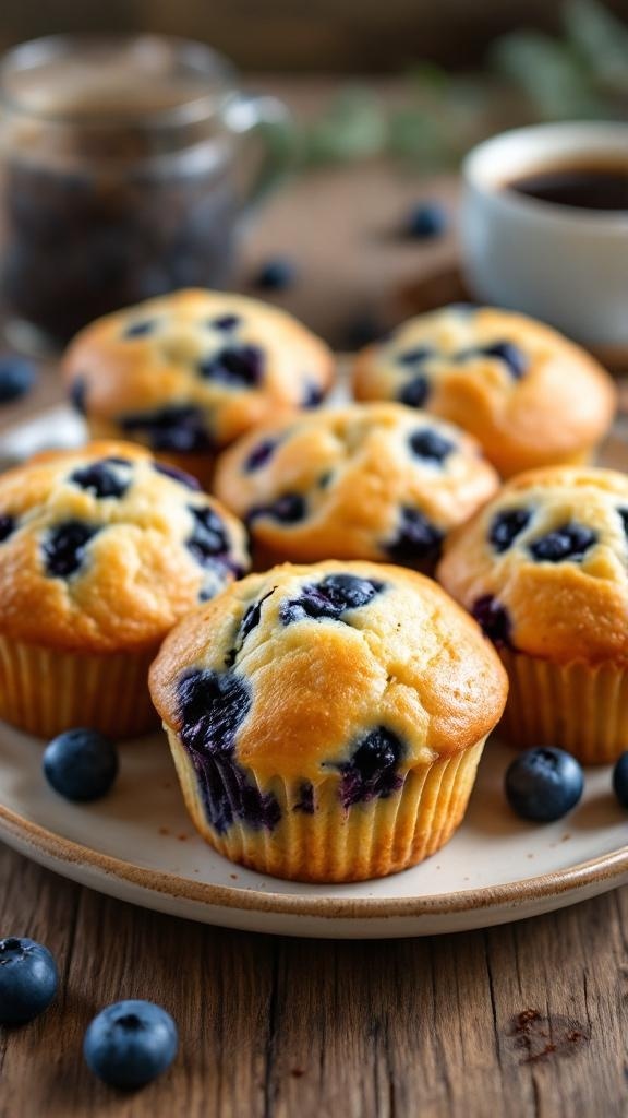 Freshly baked healthy blueberry muffins on a plate with blueberries and a cup of coffee.