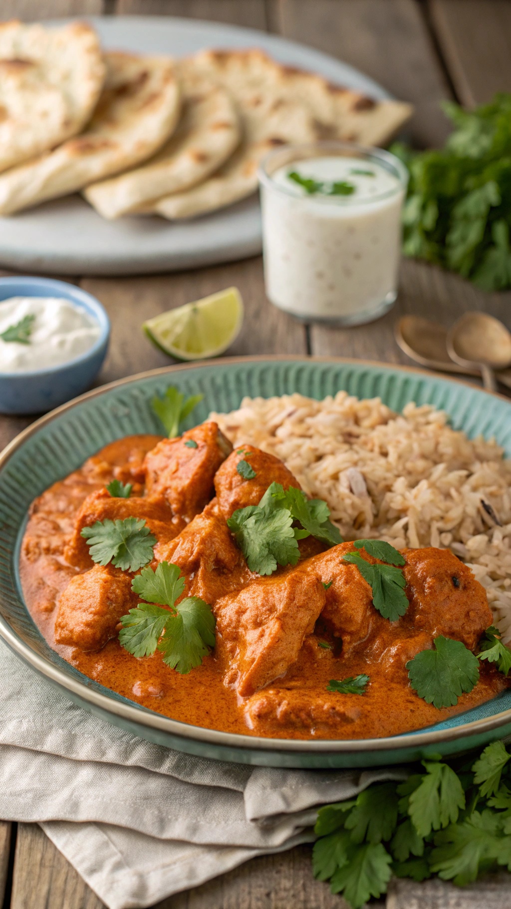 Healthy butter chicken with chicken pieces in creamy tomato sauce, garnished with cilantro, served with brown rice and naan.