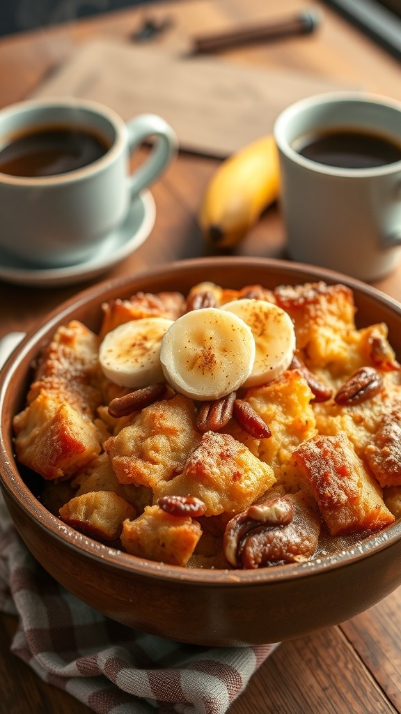 A bowl of warm banana nut bread pudding topped with banana slices and nuts, set on a rustic wooden table.