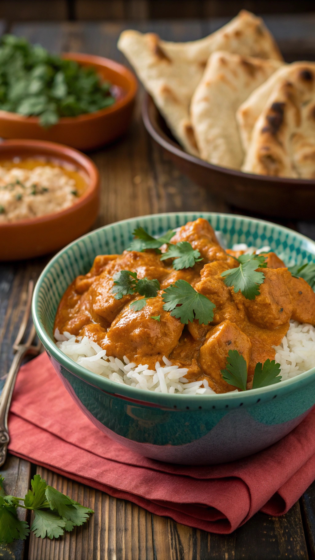 A bowl of butter chicken with rice and naan, garnished with cilantro, on a rustic table.