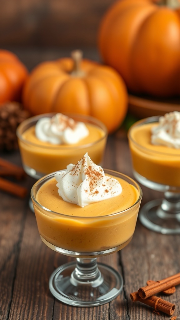 Creamy pumpkin mousse in dessert cups, topped with whipped cream and cinnamon, on a rustic wooden table.