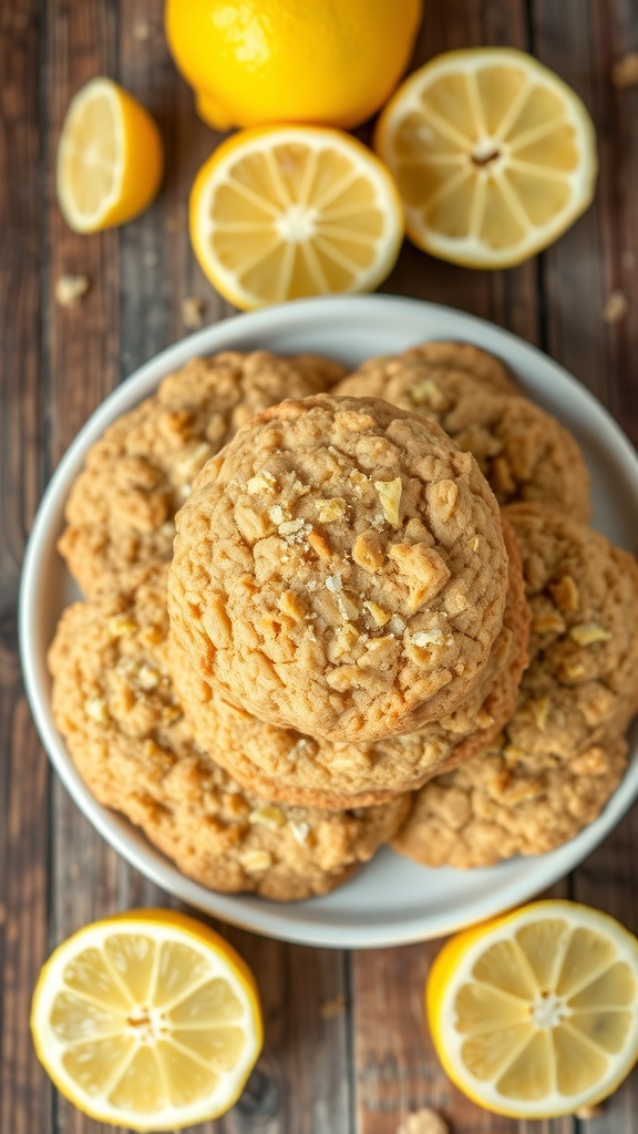 A plate of lemon oatmeal cookies with lemon zest and fresh lemons on a rustic wooden table.