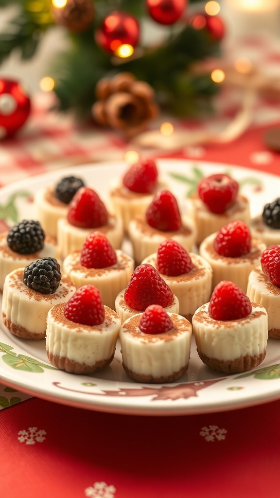 Low-carb cheesecake bites on a festive plate, topped with berries, ready for a holiday snack.