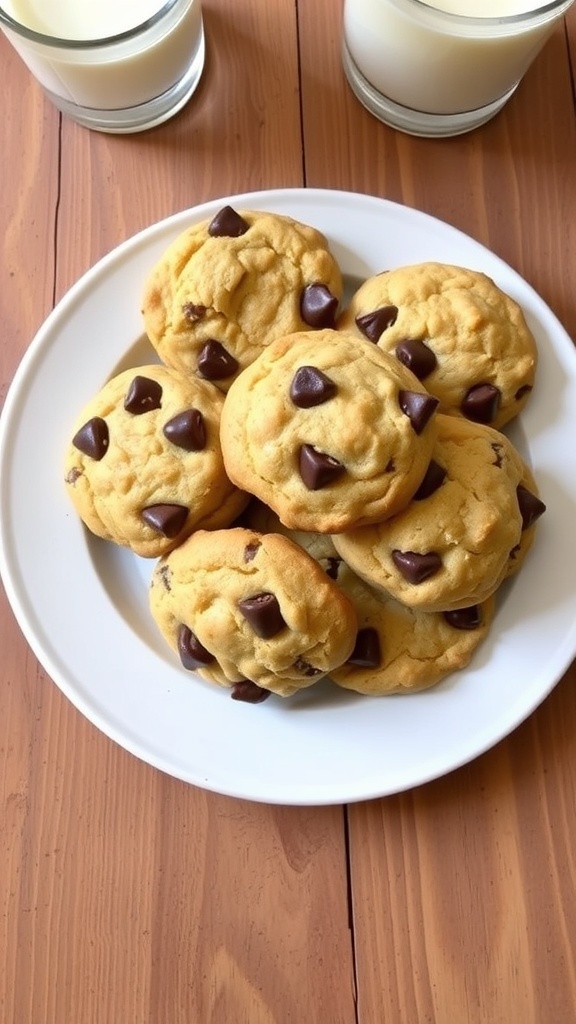 A plate of chewy low-sugar chocolate chip cookies with chocolate chips, served with a glass of milk.