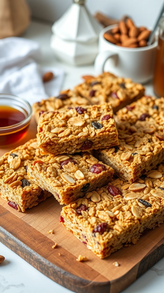 Homemade maple almond granola bars cut into squares on a wooden board with almonds and maple syrup.