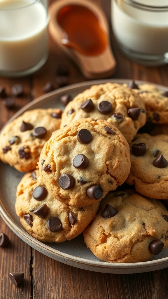 Freshly baked chocolate chip cookies on a plate with melted chocolate chips and a drizzle of maple syrup.