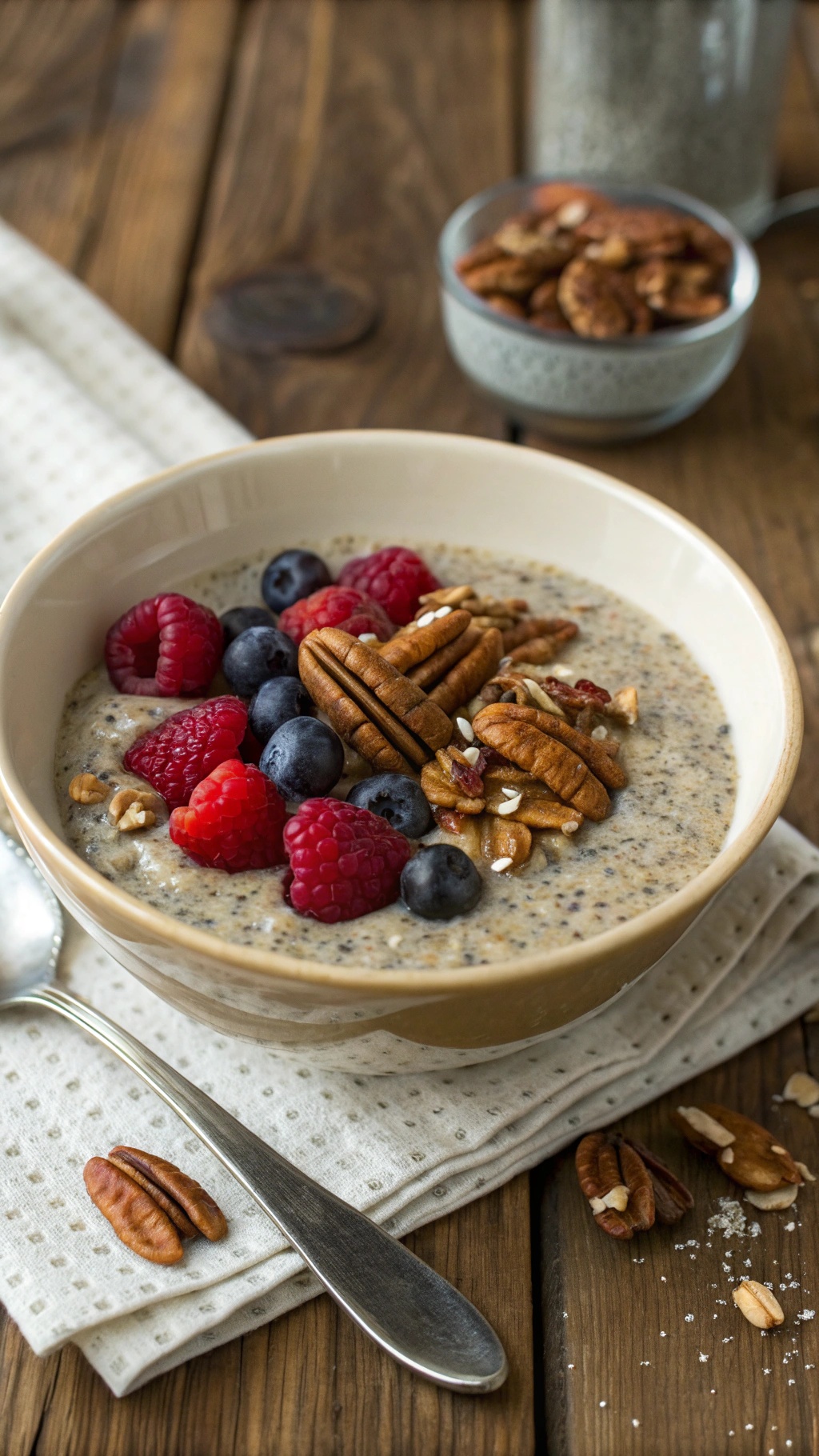 Maple pecan chia pudding topped with pecans and berries in a rustic bowl on a wooden table.